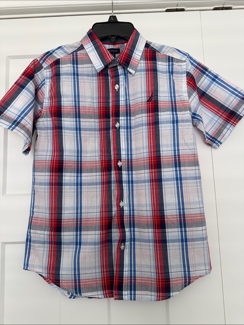 🆕Nautica Red, Blue & White Plaid Short Sleeve Button-Down. Size L (14/16)